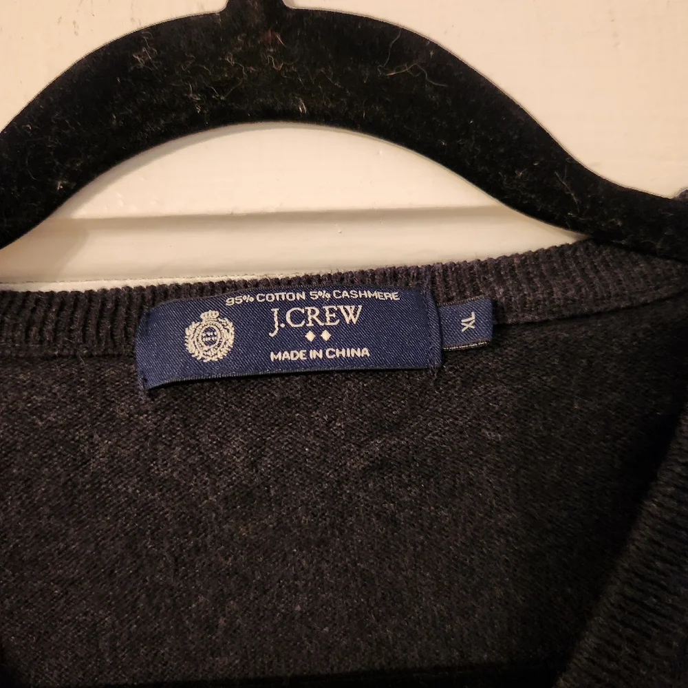 J. CREW Men's Sweater, Dark Gray Cashmere & Cotton, Sz XL, V-neck, Washable EUC